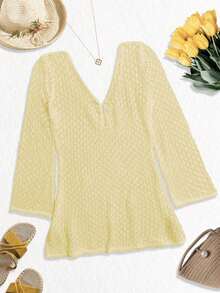 Traje de baño tipo pareo de ganchillo para mujer talla grande, elegante estilo bohemio de resort de playa, falda corta con escote en V sexy y botones de perla, blanco para vacaciones - Amarillo - Ver 3