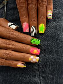 10pcs Handcrafted Y2K Square Press On Nails Set, Pink And Yellow Nails With Hand Drawn Colorful Stripes, Black Polka Dot Design, Pink Snake Pattern And Star Decoration - Nhiều màu - Xem 4