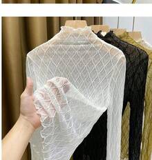 Top de cuello alto elegante y para mujer, Top de encaje de tela de malla de Color sólido, Top de malla transpirable con patrón hueco - Albaricoque - Ver 3