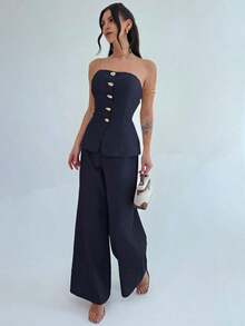 xheFirerie Conjunto de 2 piezas de top tipo tubo con botones metálicos elegantes y minimalistas, y pantalones de pierna ancha de cintura alta, apropiado para ir a la oficina, ocio, vacaciones, veranoxhe - Azul marino - Ver 5