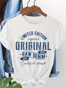 Unisex Reiner Baumwoll T-Shirt, Sommer Kurzarm T-Shirt, limitierte Auflage Original Raw Denim 1973 Grafik T-Shirts für Kurven - Vintage Denim T-Shirt - Weiss - Übersicht 7