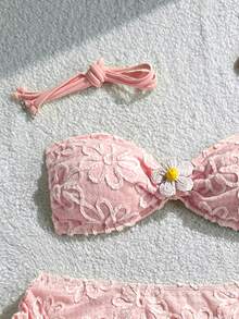 Swim Mod Set de 3 piezas: Top corto de tirantes finos, Bottom de triángulo con lazos laterales y minifalda con volantes y cordón - Rosa - Ver 6