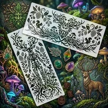 森林 Cernunnos 人形鹿與蘑菇模板，森林之神鹿角壁飾，可重複使用神秘鹿靈繪畫模板，適用於家具、畫布、布料手工藝，自然葉片、蘑菇、貓頭鷹、松鼠、凱爾特異教裝飾 - 套裝 - 查看 1