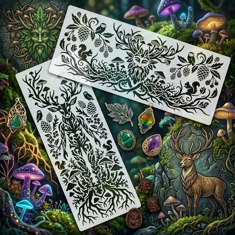 森林 Cernunnos 人形鹿與蘑菇模板,森林之神鹿角壁飾,可重複使用神秘鹿靈繪畫模板,適用於家具、畫布、布料手工藝,自然葉片、蘑菇、貓頭鷹、松鼠、凱爾特異教裝飾 - 套裝 - 查看 1