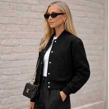 Women's Premium Wool Bomber Jacket With Double Cuffs And Snap Buttons - Casual Autumn And Winter Coat - 黑色 - 查看 7
