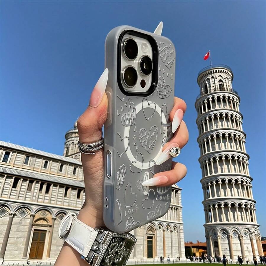 Phone Case - A Phone Case With A Full-Screen English Heart Design, Featuring A Minimalist Macaron Color And A Jelly-Like Texture, Combines Magnetic Wireless Charging. Perfect For Halloween, New Year, Christmas - 黑色 - 查看 1