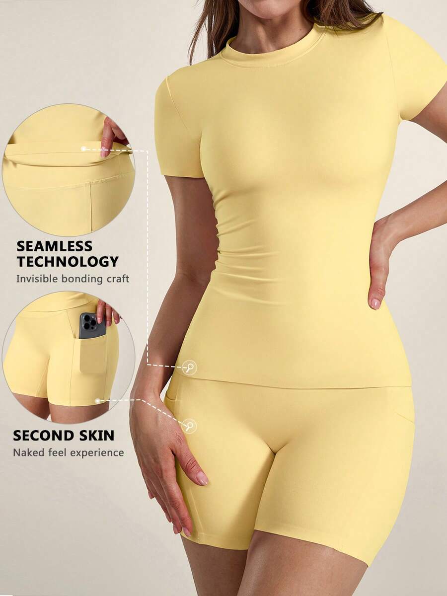 TimeOff 1 Set Women's Solid Color Fitted Short Sleeve T-Shirt And Shorts Sports Suit - Yellow - View 1