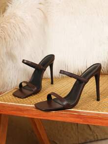 Giày mules hở gót quai ngang gợi cảm dành cho nữ, mũi vuông, gót nhọn mảnh, màu đen, kiểu dáng thường ngày, đa năng. - Cà phê nâu - Xem 5