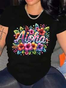 Women's Aloha Floral T-Shirt - Hawaiian Style, Short Sleeve, Crew Neck, Vibrant Tropical Print, Lightweight Blend, Perfect For Beach Parties And Summer Casual Wear, Beach Party Clothes, Aloha Clothing, 100% Cotton Blend Fabric - 黑色 - 查看 6