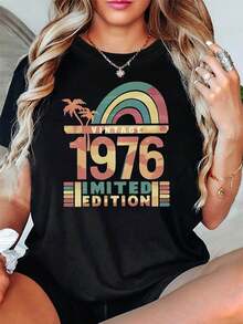LIMITED EDITION VINTAGE 1976 Women's T-Shirt With Vintage Coconut Print, Limited Edition 1976, Top For Birthday Parties And Vintage Gatherings, Nostalgic And Unique Short Sleeve Style, Urban Style T-Shirt For Everyday Wear - Unisex Cotton Short Sleeve Crew Neck Vintage Urban Style T-Shirt - 黑色 - 查看 1