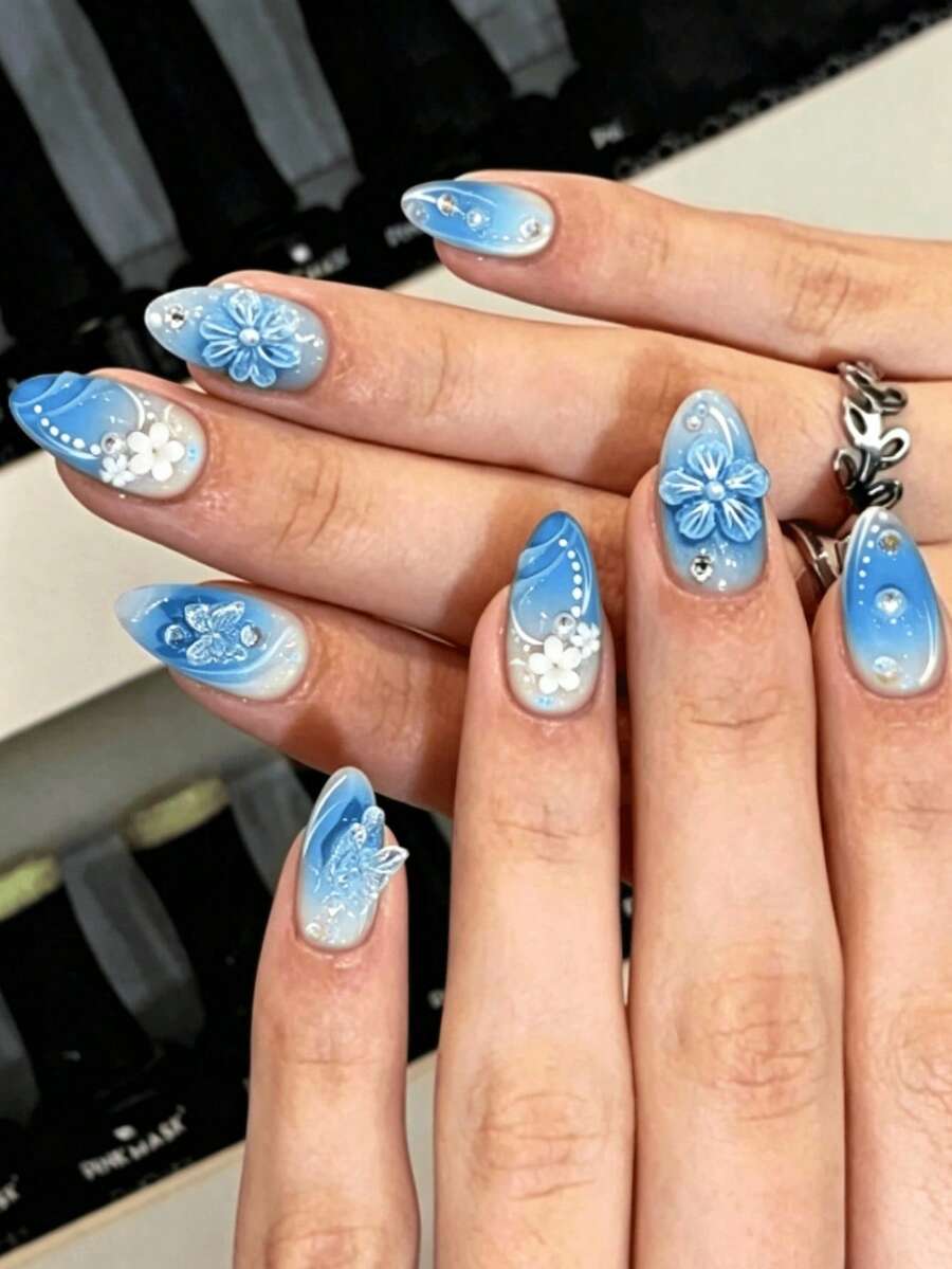 30 miếng miếng dán móng tay gel 3D hình oval dài phong cách kỳ nghỉ đảo mùa hè, gradient xanh, có hoa, đá quý, ngọc trai, bướm, bao gồm 1 miếng gel thạch và 1 miếng dũa móng tay phù hợp cho cuộc sống hàng ngày của phụ nữ/con gái, nghệ thuật làm móng, mùa tốt nghiệp, ngày lễ, du lịch - Nhiều màu - Xem 1