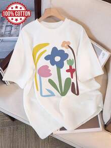 festival outfit mujerWomen's Summer Casual Top, Simple Style Floral Print Short Sleeve Round Neck Pure T-Shirt, LangK - Blanco - Ver 1