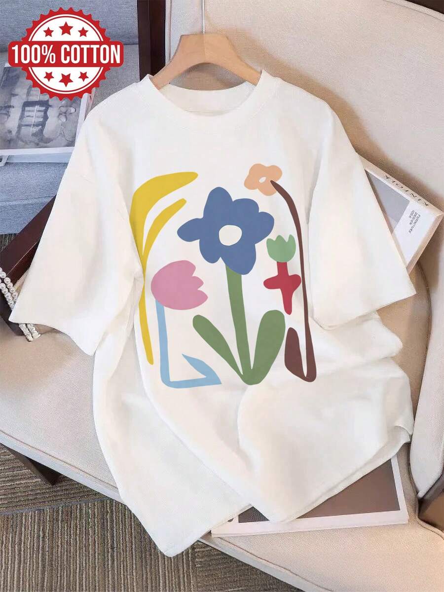 festival outfit mujerWomen's Summer Casual Top, Simple Style Floral Print Short Sleeve Round Neck Pure T-Shirt, LangK - Blanco - Ver 1