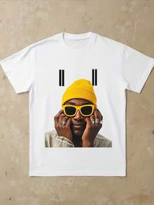 Unisex 100% Cotton T-Shirt With Yellow Hat And  Glasses Print For Men And Women, Soft, Essential For Casual Streetwear In All Seasons, Versatile Style For All Seasons, Affordable Everyday Wear And Perfect Gift For Fans And Friends. - 白色 - 查看 1