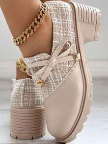New Women's High Heels, Formal Style, Thick Plaid & Patchwork Details Design, Decorated With Bow And Chunky Heel, Creating A Retro Formal Shoes, Suitable For Parties And Holidays - Beige - View 3