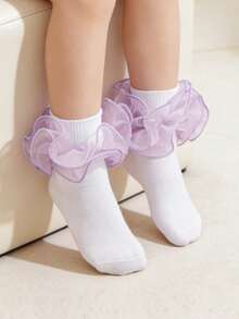 1 Pair Children/Toddler Solid Color Ruffle Trim Mid-Calf Socks, Versatile For School Uniform - Mauve Purple - View 12