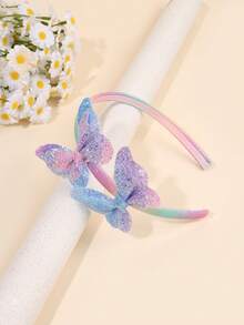 1 Stück Regenbogen-Farbverlauf Haarband mit 2 Glitzer-Farbverlauf Schmetterlings-Dekorationen, modisches Haaraccessoire für Mädchen, geeignet für Party und tägliches Tragen - Verschiedenfarbig - Übersicht 2