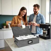 Caja de almacenamiento para copas de vino con divisores capacidad para 12 copas de vino de tamaño estándar cubeta de microfibra acolchado duradero con asas de transporte gris (sin vasos - Gris - Ver 7