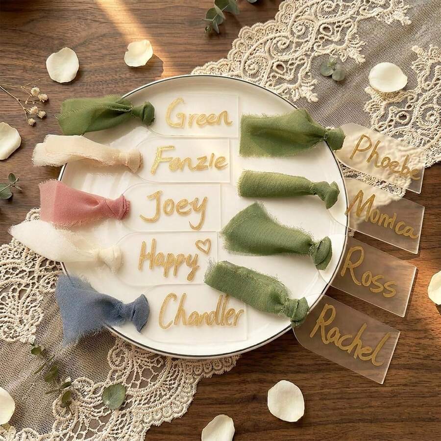 10 PCS Clear Acrylic Name Tag Place Cards With Ribbon Gift Tags Blank Wedding Name Cards Table Setting Reserved Signs DIY Hanging Tags Party Supplies