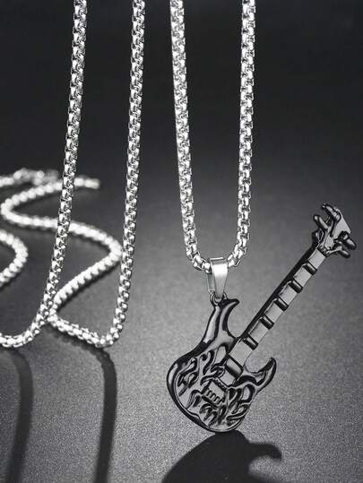 1 chiếc dây chuyền guitar ngọn lửa đen phong cách Hip Hop Rock cho nam