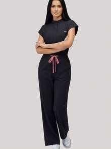 Women's Scrub Set With Pockets, Zipper, Stand Collar, Drawstring Design, Surgical Scrub Set For Clinic Black Fall - Black - View 4