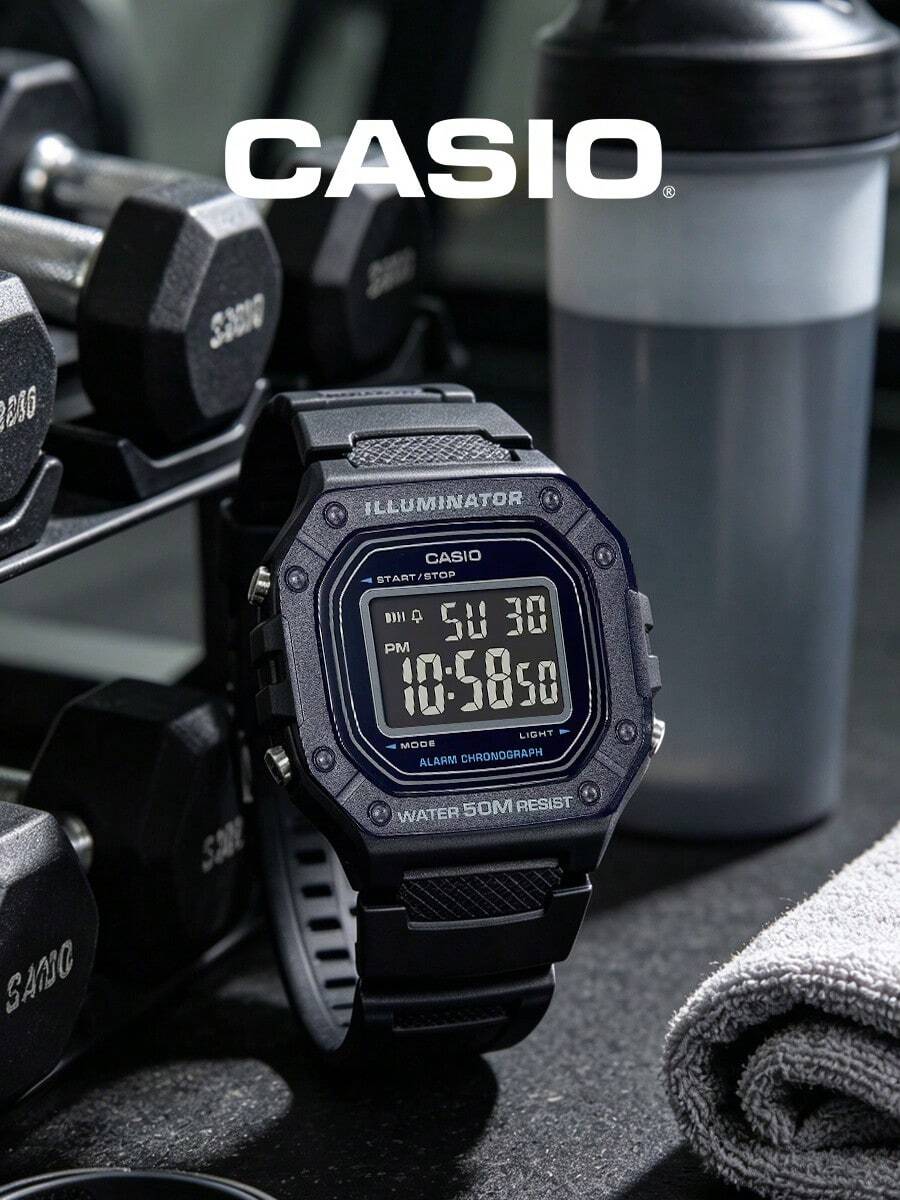 Casio 卡西欧男士运动手表:数字显示全黑树脂表带50米防水多功能电子腕表 W-218H-1B - 黑色 - 查看 1