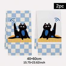 2pcs Cute Black Cat Checkered Pattern Kitchen Towels, 40*60cm Microfiber Dish Cloths, Cleaning Rags, Hand Towels, Kitchen Decor, Housewarming Gift - Multicolor - View 2