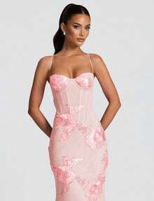 Shiny Floral Embroidered Elegant Sexy Semi-Sheer Backless Floral Mesh Party Dress, Suitable For Formal Occasions Like Anniversary, Graduation, Gala - Baby Pink - View 3