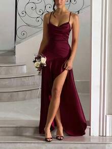 Vestido de fiesta rojo de verano con espalda descubierta, volantes y cuello cuadrado, elegante, adecuado para citas, vacaciones y playa - Burdeos - Ver 2