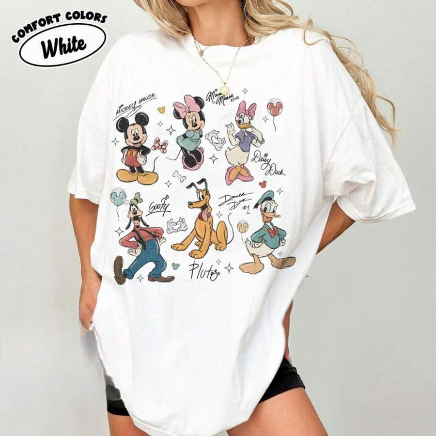 Disney Unisex T-Shirt Retro Mickey And Friends Signatures Shirt, Disney Balloon Shirt, Disney Mouse Head Tee, Mickey & Co Shirt, Disney Family 2026 Shirt - trắng - Xem 1