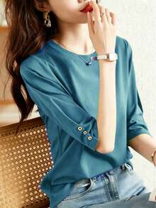Atasan Kasual Lengan Sedang dengan Desain Kancing, Model Baru Fashion Musim Panas, Kaos Lengan 3/4 Leher Bulat Serbaguna untuk Wanita, Melangsingkan - Teal Blue - View 2