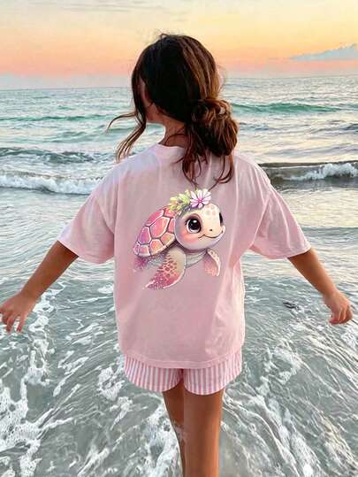 Cute Sea Turtle Print Short Sleeve T-Shirt For Teenage Girls, Casual
