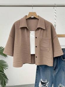 Nueva camisa de mujer con botones y bolsillos de color sólido, estilo corto con mangas medianas. - rosa - Ver 2