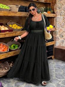 Nuevo Vestido Vintage de Primavera con Cuello Cuadrado Estampado de Talla Grande y Manga Corta - Verde - Ver 8
