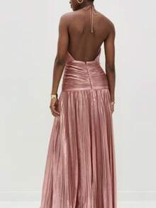 Metallic Color Pleated Split Tie Halter Dress Sleeveless Backless Glittery Women Dress For Wedding Party Graduation Shiny Streamer Metal Tone Ruched Dress Open Back Lace-Up Split Hem Halter Gown For Ceremony Banquet - 粉紅色 - 查看 4