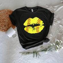 Camiseta con Gráfico de Labios de Softbol: Camiseta para el Día del Partido, Regalo para Fanáticos del Deporte - Negro - Ver 7