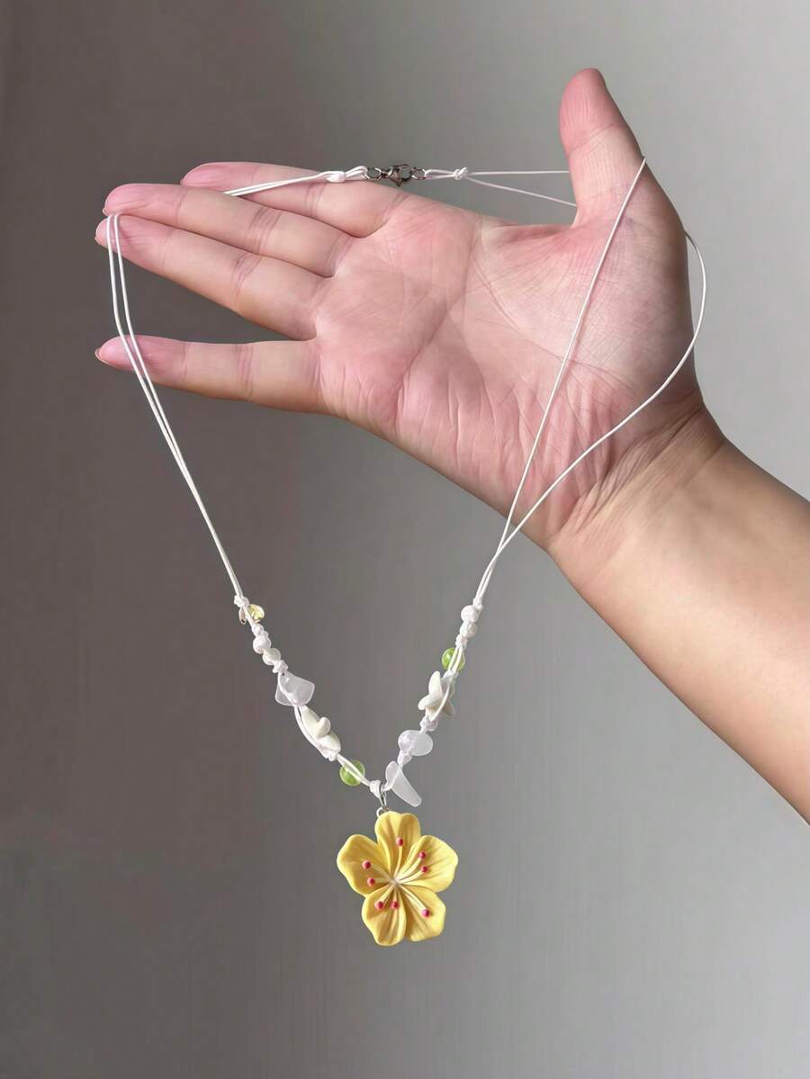1件时尚彩色多巴胺手工编织绳樱花海星吊坠项链,适合甜美女孩在海滩度假、日常、派对、约会和其他场合佩戴(鹅卵石款式和位置随机) - 黃色 - 查看 1