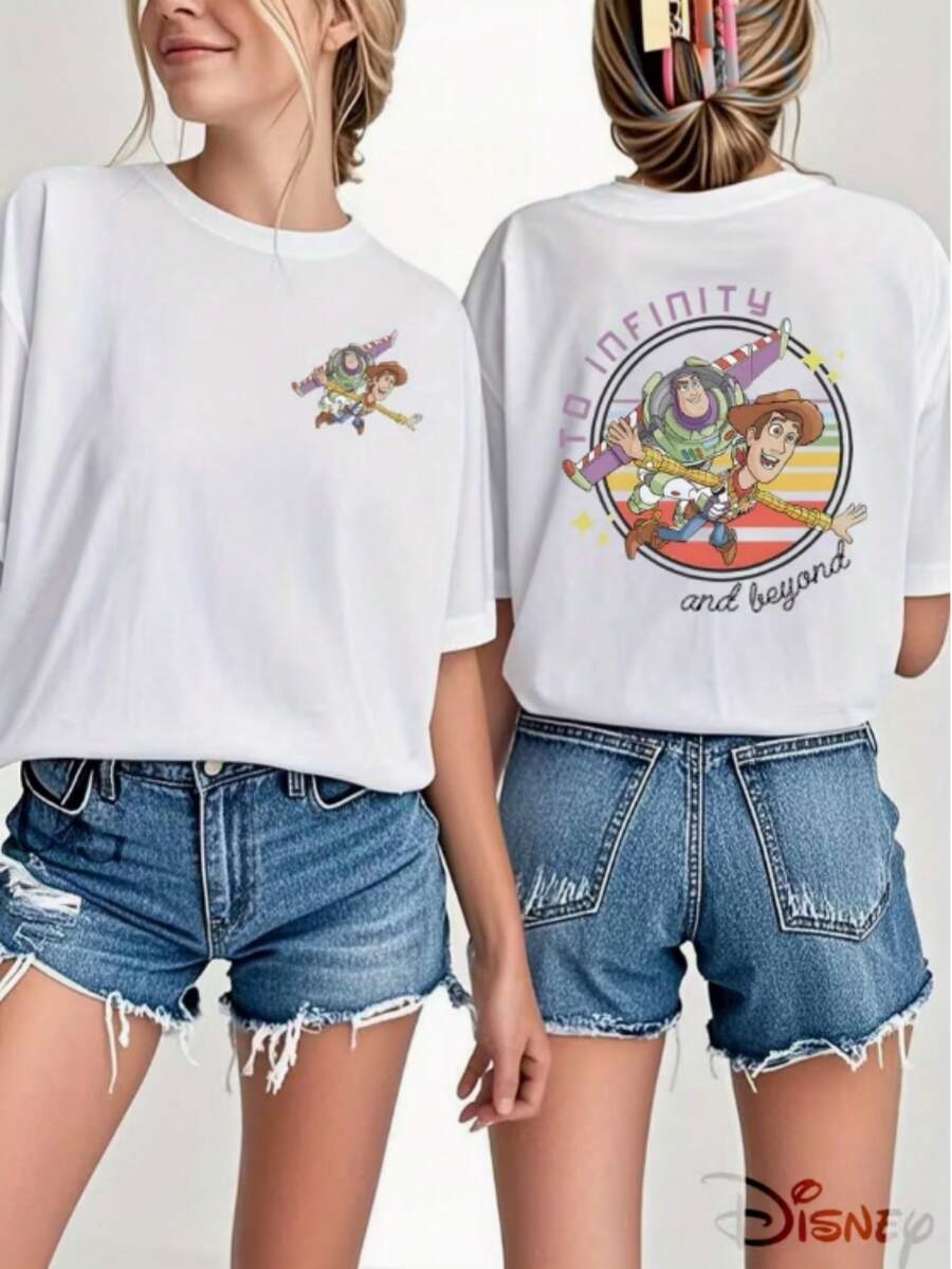 Toy Story Buzz Lightyear & Woody Women's T, Disney Cotton T-Shirt - White - View 1