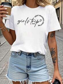 Women's Travel T-Shirt 2026, Modern Casual Style With Cartoon Print, Handwritten Slogan Design, Travel Commemorative Style, Best Friends Matching T-Shirt, Comfortable Spring/Summer T-Shirt - 白色 - 查看 8