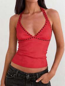 Womens Rivets Studded Halter Neck Plunge Cami Top Self-Tie Spaghetti Straps V-Neck Cut Out Front Crop Tank Top Camisole Vest Y2K Streetwear Party Tops - F216717-紅色 - 查看 1