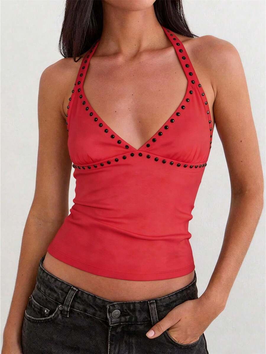Womens Rivets Studded Halter Neck Plunge Cami Top Self-Tie Spaghetti Straps V-Neck Cut Out Front Crop Tank Top Camisole Vest Y2K Streetwear Party Tops - F216717-紅色 - 查看 1
