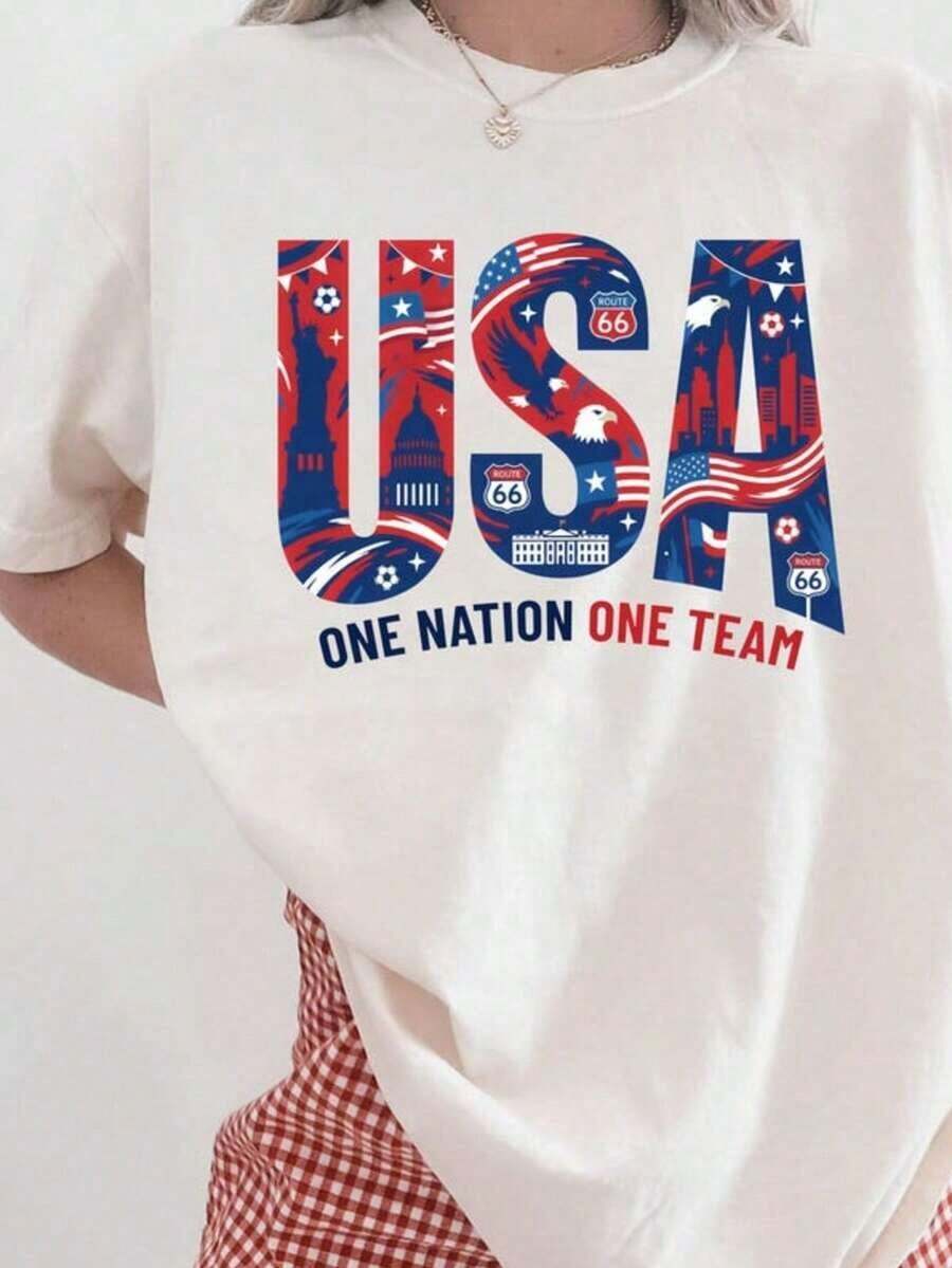 Women's USA "One Nation One Team" Soccer Graphic T-Shirt, Casual Crew Neck Short Sleeve Tee, Patriotic American Icons Print Top, Loose Fit Sports Fan Support Shirt, Breathable Cotton Blend Casual Daily Wear Tshirt - 白色 - 查看 1