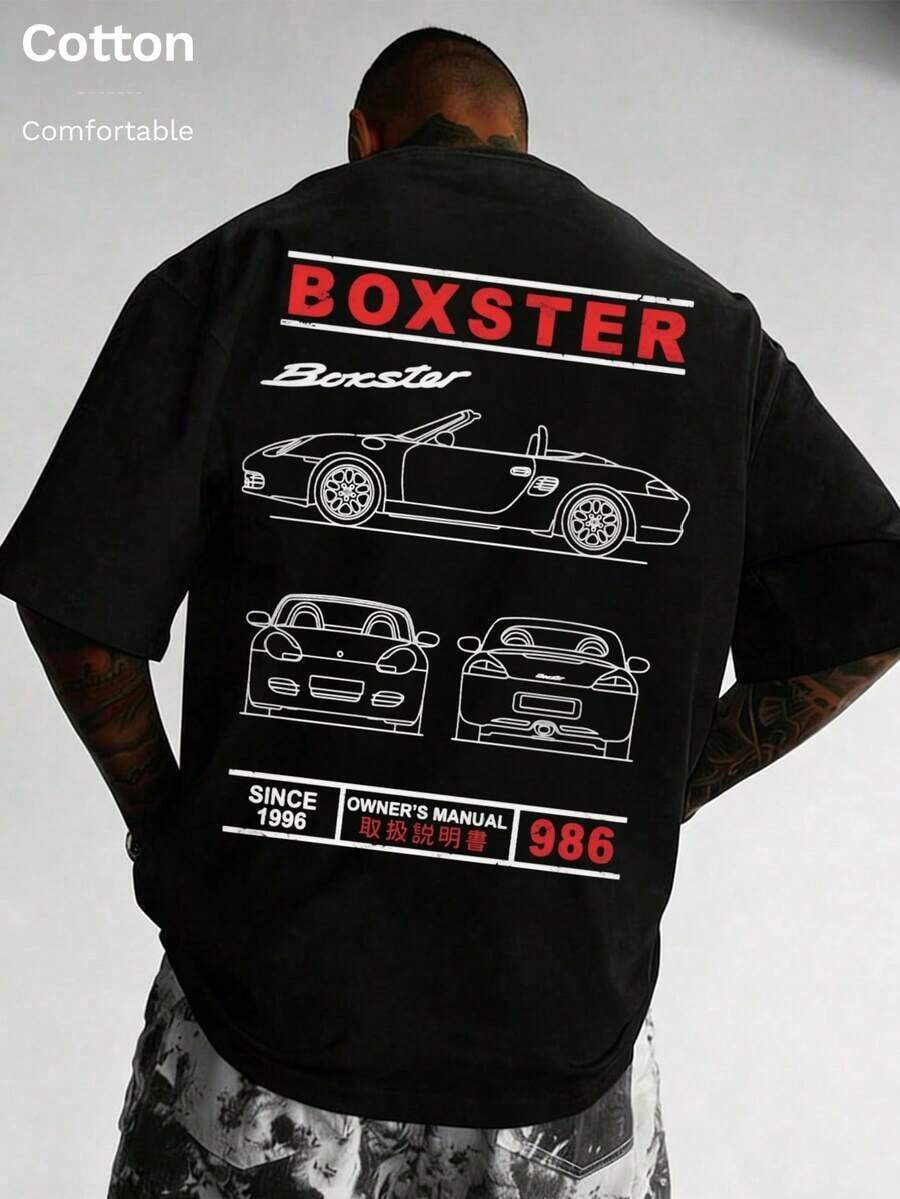 T-shirt coton homme ample, motif voiture de sport classique, grandes tailles, doux respirant beau tombé, vêtement sport décontracté printemps-été, idéal quotidien extérieur vacances - Noir - Voir 1
