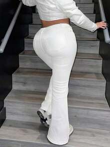 GILIPUR Jeans acampanados y desgastados estilo Y2K para mujer, de unicolor, cintura alta, ajuste delgado, elegante y casual, de mezclilla azul lavada elástica y de larga duración, para uso urbano en primavera - Blanco - Ver 10