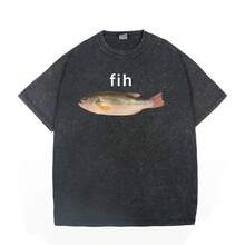 Camiseta vintage lavada con divertido de Fih Fish - Negro - Ver 1