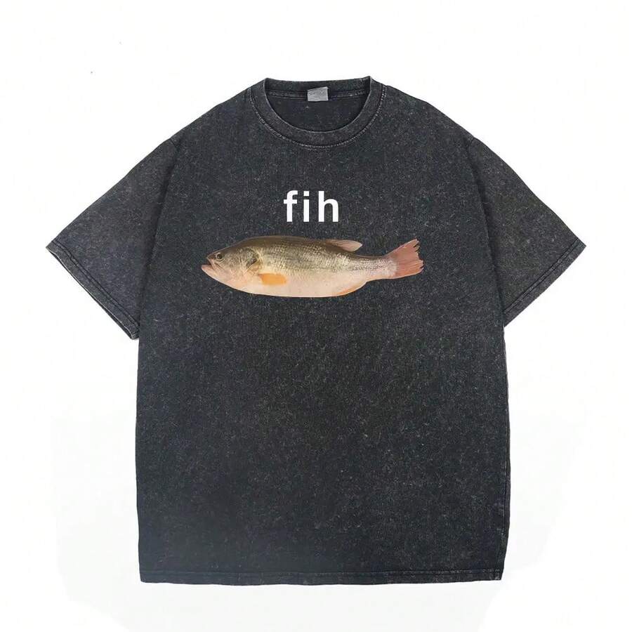 Camiseta vintage lavada con divertido de Fih Fish - Negro - Ver 1