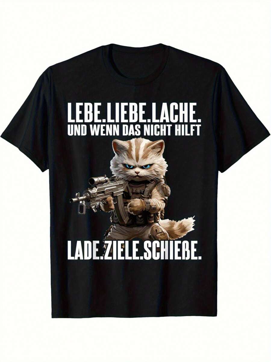 Camiseta divertida de gato para hombres con el eslogan "Vive, ama, ríe, yo soy un gato" y un gráfico de un gato empuñando un arma - Camiseta de algodón negro con un ajuste holgado, camiseta humorística, adecuada para propietarios de gatos, regalo de cumpleaños para amantes masculinos de los gatos, ropa divertida para uso diario. - Negro - Ver 1