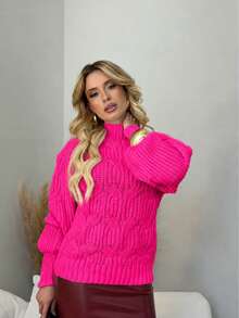 Blusa de Lã Gola Alta Trança Tricot Suéter Feminino Inverno - Pink - Visão 2