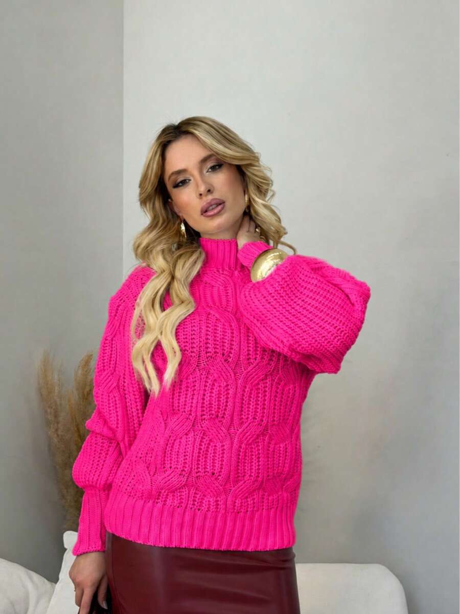 Blusa de Lã Gola Alta Trança Tricot Suéter Feminino Inverno