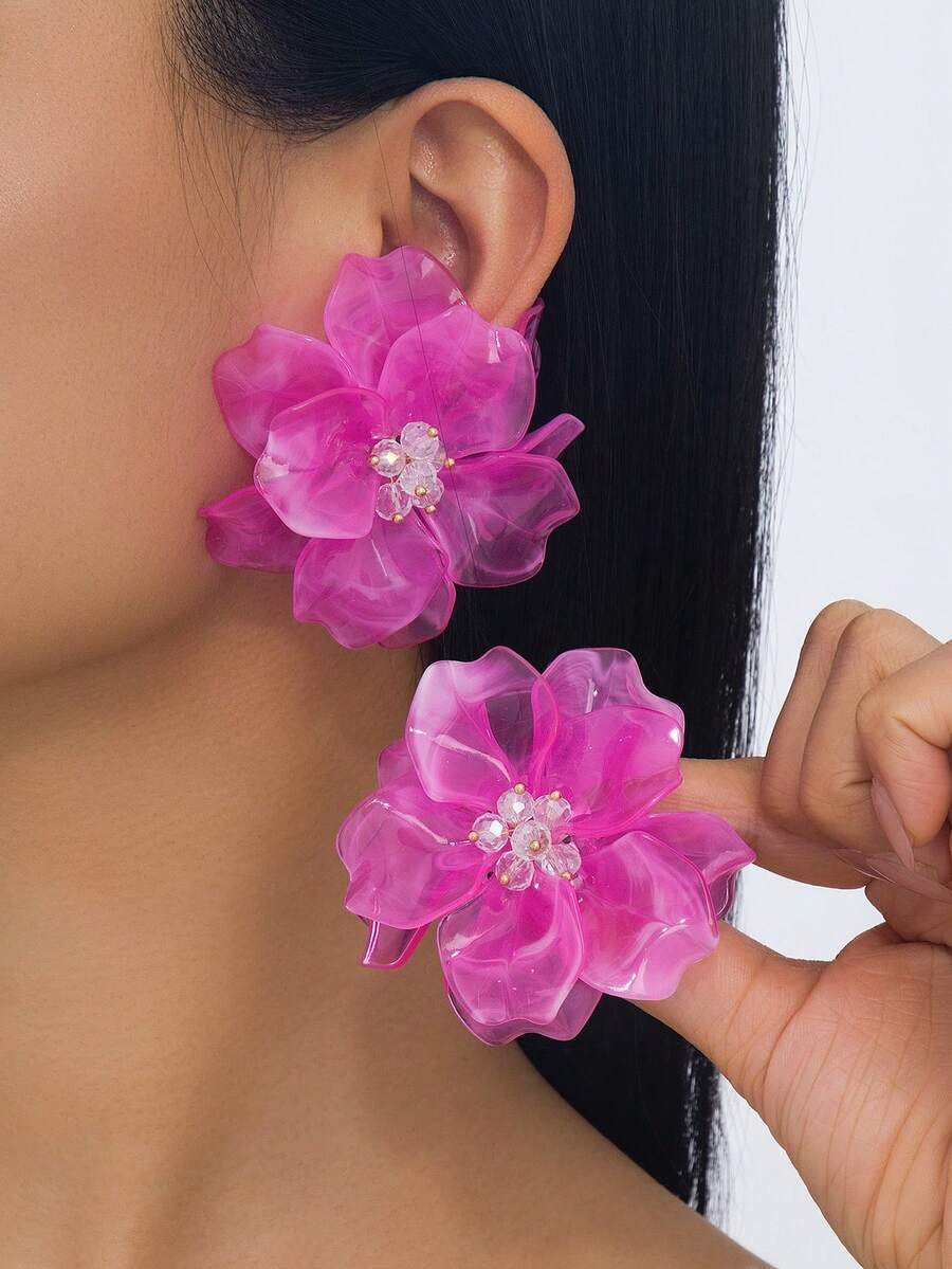 1對玫瑰紅法式優雅夏季海灘度假風鑲嵌細閃珍珠光花芯女款花朵耳環 - 玫紅色 - 查看 1